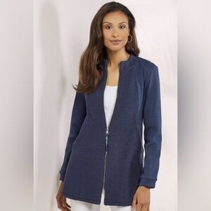 Soft Surroundings Cottagecore Petra Textured Zip Knit Sweater Jacket — Navy — XS